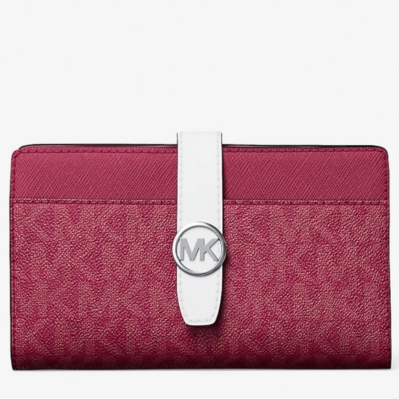 Michael Kors Greenwich Medium Signature Logo Wallet Dark Raspberry Multi (NWT) - Picture 1 of 7